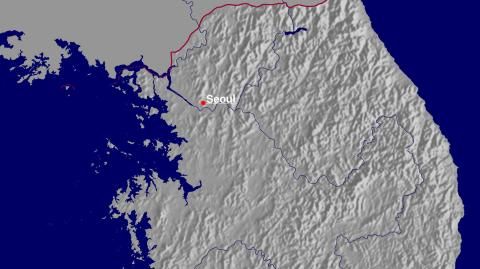 Karte: Landkarte Südkorea (Staatsgrenzen und Hauptstadt): schattiertes Relief