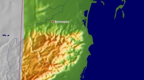 Karte: Landkarte Belize (Staatsgrenzen und Hauptstadt): farbkodierte Topographie, schattiertes Relief