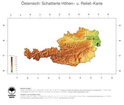 Karte: Landkarte Österreich (Staatsgrenzen und Hauptstadt): farbkodierte Topographie, schattiertes Relief