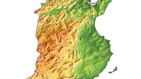 Karte: Landkarte Tunesien (Staatsgrenzen und Hauptstadt): farbkodierte Topographie, schattiertes Relief