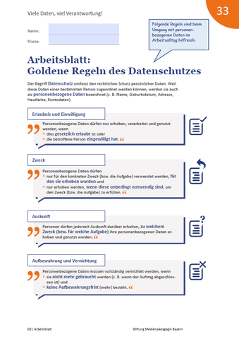 Arbeitsblatt: Viele Daten, viel Verantwortung! Arbeitsblatt: Goldene Regeln des Datenschutzes