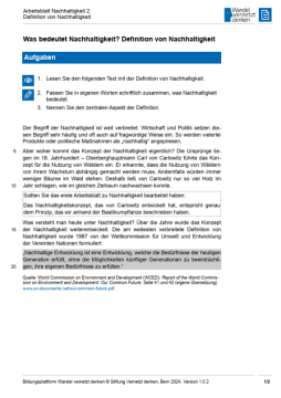 Arbeitsblatt: Modul 4 | Arbeitsblatt 2 "Definition von Nachhaltigkeit"