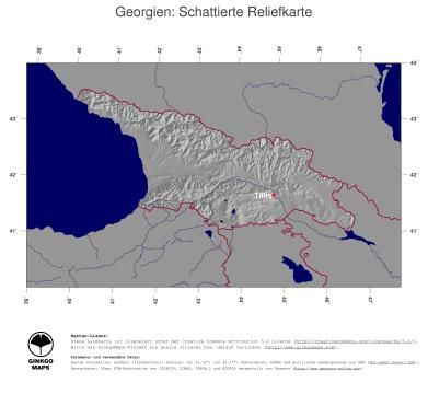 Karte: Landkarte Georgien (Staatsgrenzen und Hauptstadt): schattiertes Relief