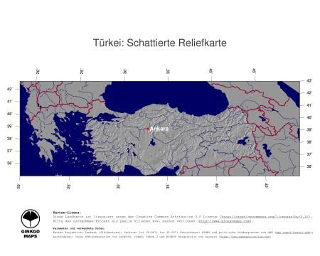 Karte: Landkarte Türkei (Staatsgrenzen und Hauptstadt): schattiertes Relief