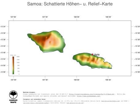 Karte: Landkarte Samoa (Staatsgrenzen und Hauptstadt): farbkodierte Topographie, schattiertes Relief