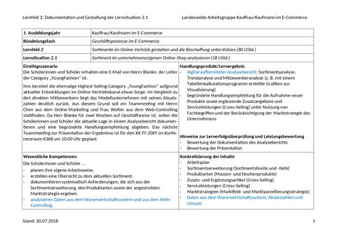 Unterrichtsplanung: LS 2.1 Sortiment im unternehmenseigenen Online-Shop analysieren | Dokumentation und Gestaltung