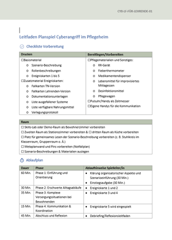 Unterrichtsbaustein: Planspiel Cyberangriff im Pflegeheim | Leitfaden