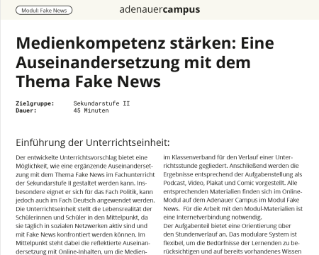 Unterrichtsbaustein: Unterrichtseinheit "Medienkompetenz stärken: Eine Auseinandersetzung mit dem Thema Fake News"