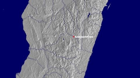 Karte: Landkarte Madagaskar (Staatsgrenzen und Hauptstadt): schattiertes Relief