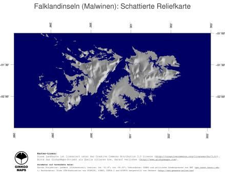 Karte: Landkarte Falklandinseln (Staatsgrenzen und Hauptstadt): schattiertes Relief