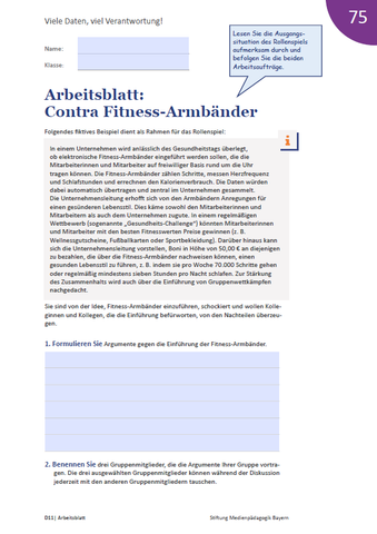 Arbeitsblatt: Viele Daten, viel Verantwortung! Arbeitsblatt: Contra Fitness-Armbänder