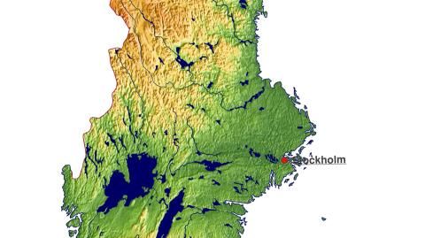 Karte: Landkarte Schweden (Staatsgrenzen und Hauptstadt): farbkodierte Topographie, schattiertes Relief