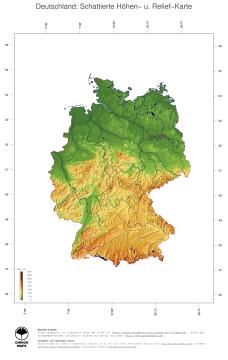 Karte: Landkarte Deutschland (Staatsgrenzen und Hauptstadt): farbkodierte Topographie, schattiertes Relief