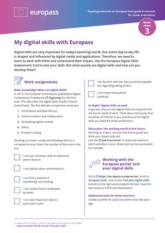 Arbeitsblatt: My digital skills with Europass