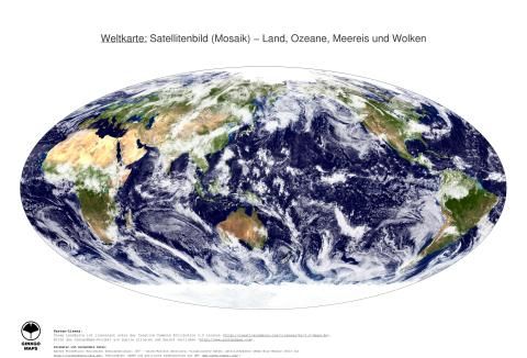 Karte: Weltkarte (Land, Ozeane, Meereis und Wolken)