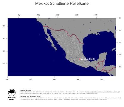 Karte: Landkarte Mexiko (Staatsgrenzen und Hauptstadt): schattiertes Relief