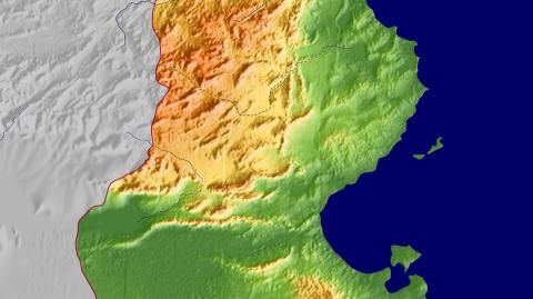 Karte: Landkarte Tunesien (Staatsgrenzen und Hauptstadt): farbkodierte Topographie, schattiertes Relief
