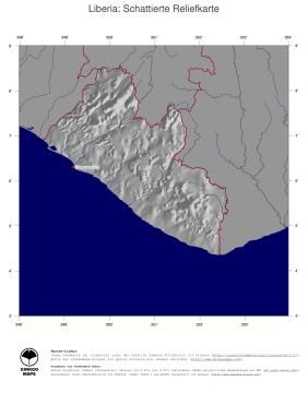Karte: Landkarte Liberia (Staatsgrenzen und Hauptstadt): schattiertes Relief
