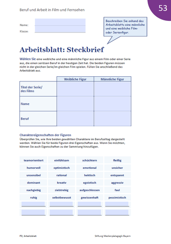 Arbeitsblatt: Beruf und Arbeit in Film und Fernsehen - Arbeitsblatt: Steckbrief