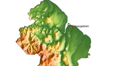 Karte: Landkarte Guyana (Staatsgrenzen und Hauptstadt): farbkodierte Topographie, schattiertes Relief