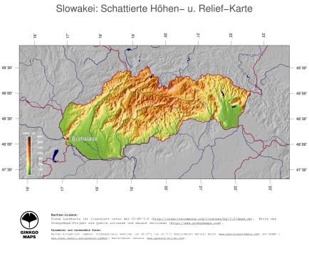 Karte: Landkarte Slowakei (Staatsgrenzen und Hauptstadt): farbkodierte Topographie, schattiertes Relief