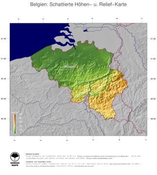 Karte: Landkarte Belgien (Staatsgrenzen und Hauptstadt): farbkodierte Topographie, schattiertes Relief