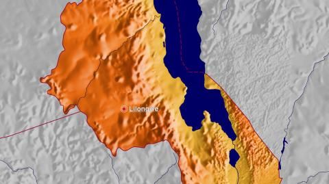 Karte: Landkarte Malawi (Staatsgrenzen und Hauptstadt): farbkodierte Topographie, schattiertes Relief