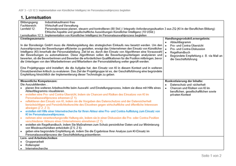 Unterrichtsplanung: Implementation von Künstlicher Intelligenz im Personalauswahlprozess begleiten (Lernsituation)