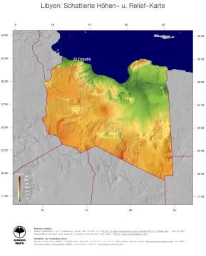 Karte: Landkarte Libyen (Staatsgrenzen und Hauptstadt): farbkodierte Topographie, schattiertes Relief