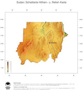 Karte: Landkarte Sudan (Staatsgrenzen und Hauptstadt): farbkodierte Topographie, schattiertes Relief