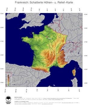 Karte: Landkarte Frankreich (Staatsgrenzen und Hauptstadt): farbkodierte Topographie, schattiertes Relief