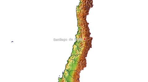 Karte: Landkarte Chile (Staatsgrenzen und Hauptstadt): farbkodierte Topographie, schattiertes Relief