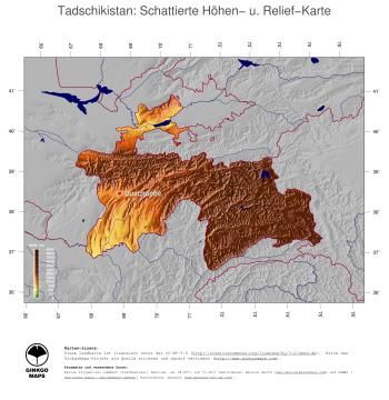 Karte: Landkarte Tadschikistan (Staatsgrenzen und Hauptstadt): farbkodierte Topographie, schattiertes Relief