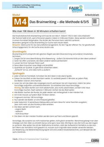 Arbeitsblatt: M4 03 Das Brainwriting: die Methode 6/3/5