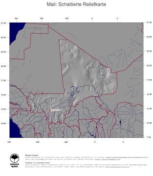 Karte: Landkarte Mali (Staatsgrenzen und Hauptstadt): schattiertes Relief
