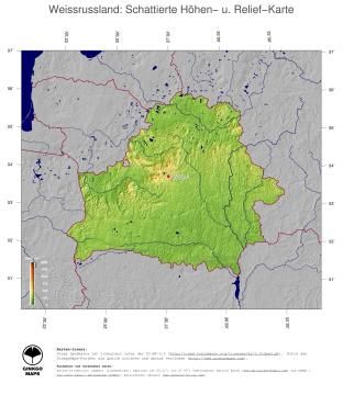Karte: Landkarte Weissrussland (Staatsgrenzen und Hauptstadt): farbkodierte Topographie, schattiertes Relief