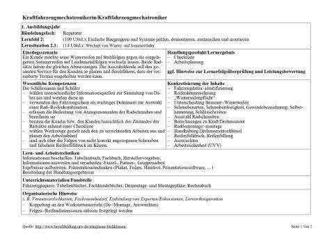 Unterrichtsplanung: Wechsel von Winter- auf Sommerräder