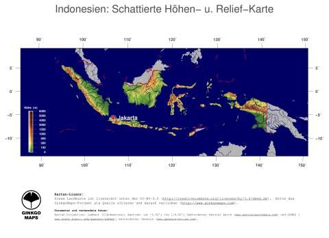 Karte: Landkarte Indonesien (Staatsgrenzen und Hauptstadt): farbkodierte Topographie, schattiertes Relief