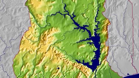 Karte: Landkarte Ghana (Staatsgrenzen und Hauptstadt): farbkodierte Topographie, schattiertes Relief
