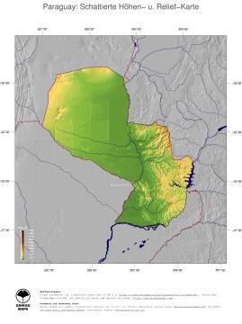 Karte: Landkarte Paraguay (Staatsgrenzen und Hauptstadt): farbkodierte Topographie, schattiertes Relief