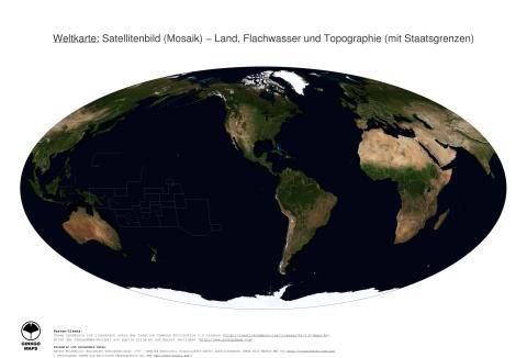 Karte: Weltkarte (Land, Flachwasser und Topographie (mit Staatsgrenzen))