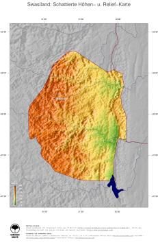 Karte: Landkarte Swasiland (Staatsgrenzen und Hauptstadt): farbkodierte Topographie, schattiertes Relief