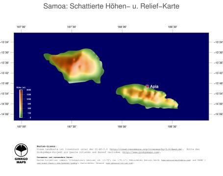 Karte: Landkarte Samoa (Staatsgrenzen und Hauptstadt): farbkodierte Topographie, schattiertes Relief