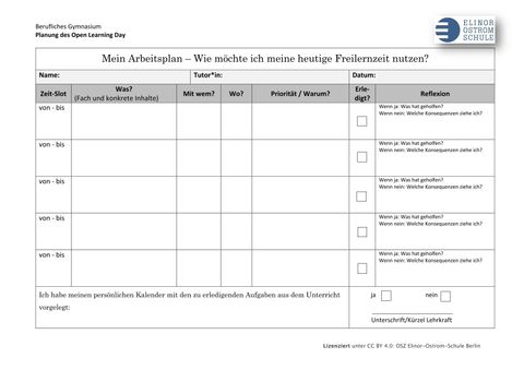 Arbeitsblatt: Arbeitsplan für den Open Learning Day