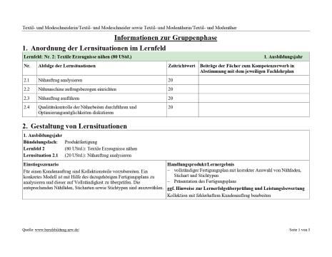 Unterrichtsplanung: Nähauftrag analysieren / Nähmaschine auftragsbezogen einrichten