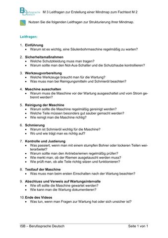 Anleitung: Wartung, die wirkt: Säulenbohrmaschine | M 03: Leitfragen zum Informationstext M 02