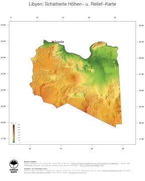Karte: Landkarte Libyen (Staatsgrenzen und Hauptstadt): farbkodierte Topographie, schattiertes Relief