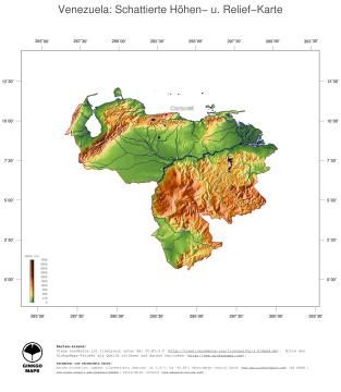 Karte: Landkarte Venezuela (Staatsgrenzen und Hauptstadt): farbkodierte Topographie, schattiertes Relief