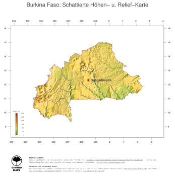Karte: Landkarte Burkina Faso (Staatsgrenzen und Hauptstadt): farbkodierte Topographie, schattiertes Relief