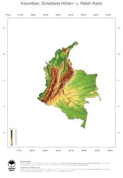 Karte: Landkarte Kolumbien (Staatsgrenzen und Hauptstadt): farbkodierte Topographie, schattiertes Relief